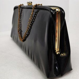 Vintage 1960s MCM Patent Leather Clutch Purse Handbag Gold Clasp Chain & Lining